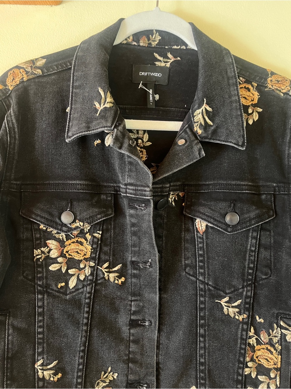 DRIFTWOOD Embroidered Denim Jacket Boho Floral black size L